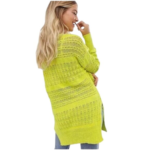 Free People Hot Tropics V-neck Open Knit Tunic Sweater Limelight Combo Size M - Picture 4 of 13